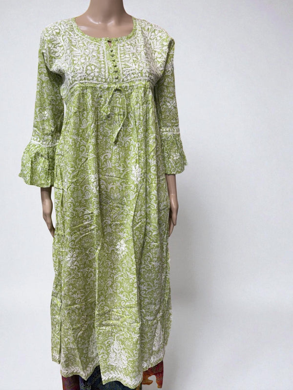 Top11 - Green Printed Maxi Dress LUCKNOWI Gown Kurti