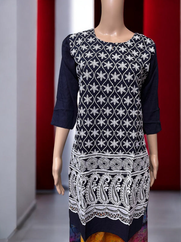 Top13 - Dark Blue Kurti with White Embroidery Floral & Paisley