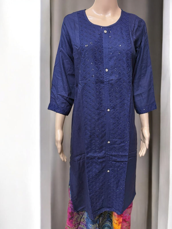 Top15 - Dark Blue Embroidered Kurti – Lace Panel & Decorative Buttons, Ethnic Tunic for Women