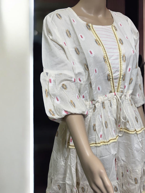 Top17 - Boho-Inspired White Dress – Printed Motifs, Puffed Sleeves