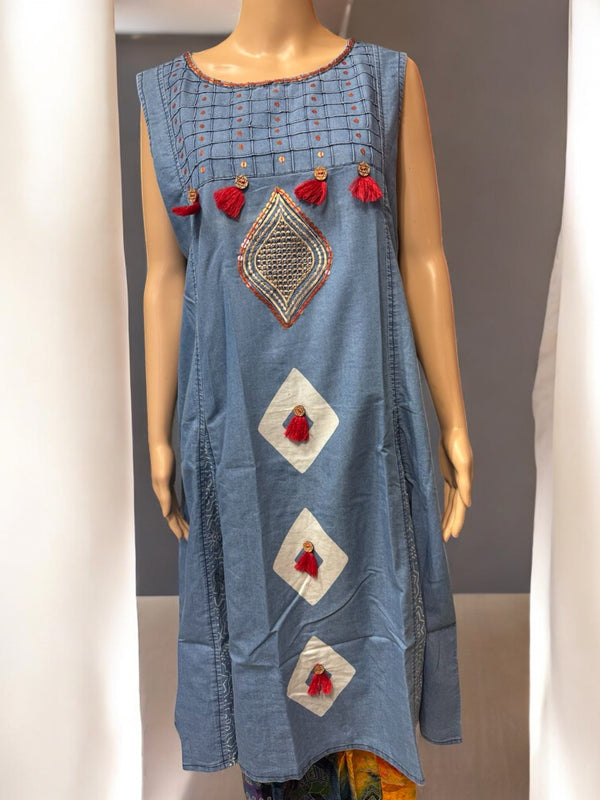 Top21 - Sleeveless Denim Kurti with Embroidery & Tassels
