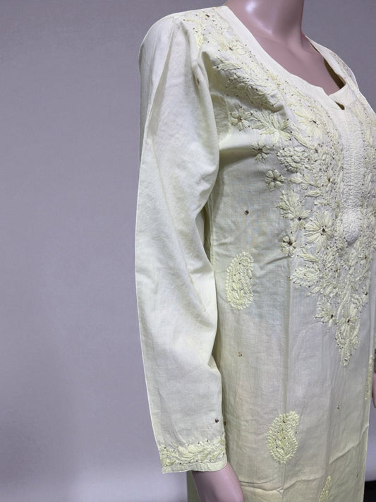 Top22 - Handmade Light Yellow Cotton Kurti Floral Embroidery, Festive Ethnic Wear