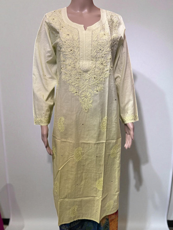 Top22 - Handmade Light Yellow Cotton Kurti Floral Embroidery, Festive Ethnic Wear