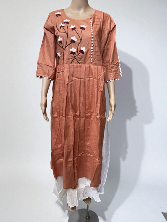 Top23 - Rust Orange Kurti with Floral Embroidery