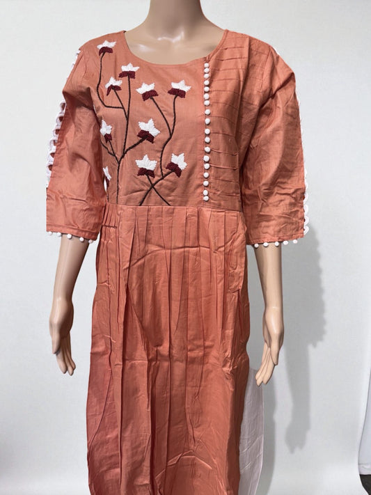 Top23 - Rust Orange Kurti with Floral Embroidery