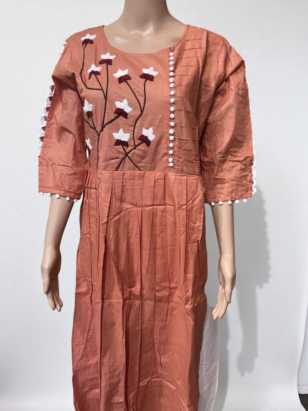 Top23 - Rust Orange Kurti with Floral Embroidery