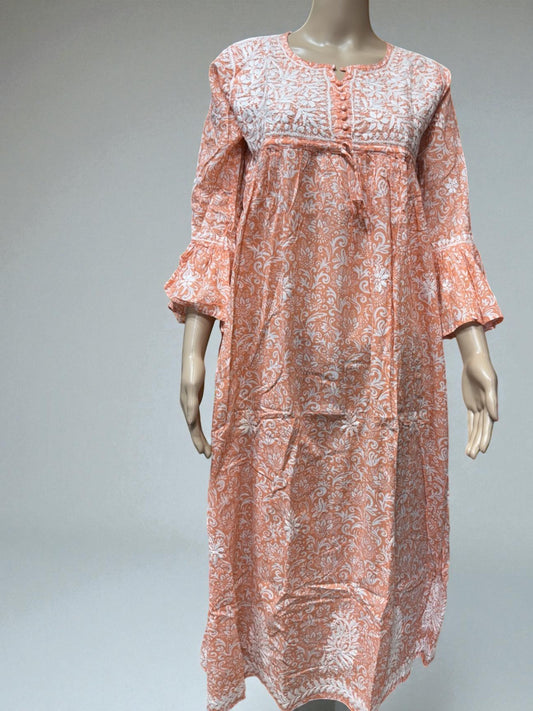 Top9 - Peach Printed Maxi Dress LUCKNOWI Gown Kurti