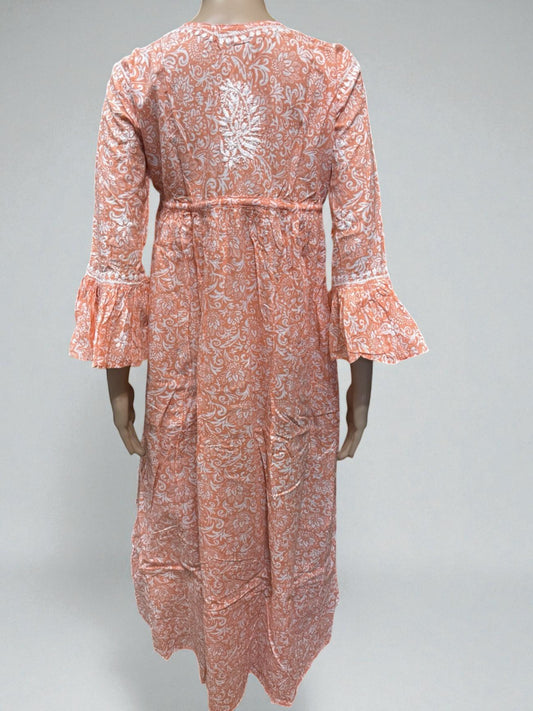 Top9 - Peach Printed Maxi Dress LUCKNOWI Gown Kurti