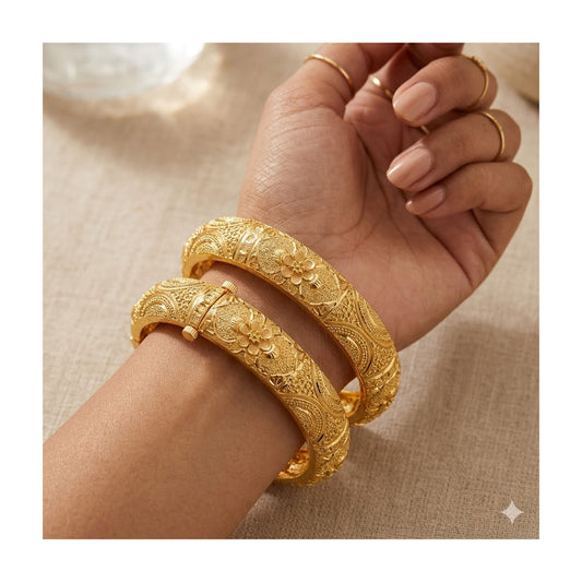24k 1 Gram Gold Plated Hand Crafted 2pc Openable Kada Bracelet Set GK21 - Zenia Creations