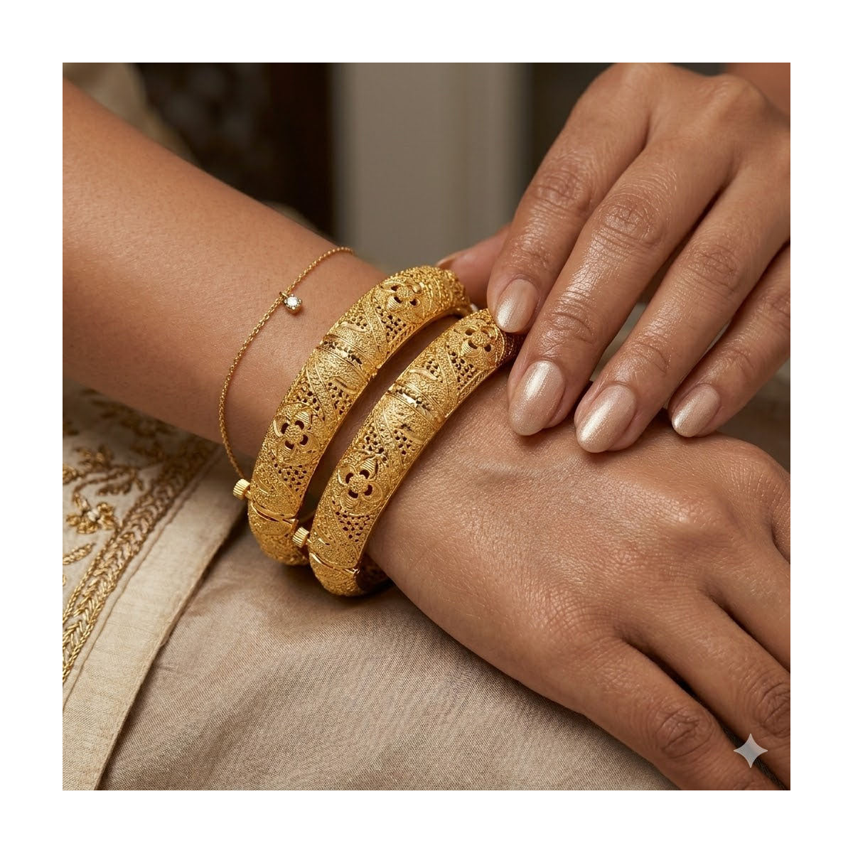 24k 1 Gram Gold Plated Hand Crafted 2pc Openable Kada Bracelet Set GK26 - Zenia Creations