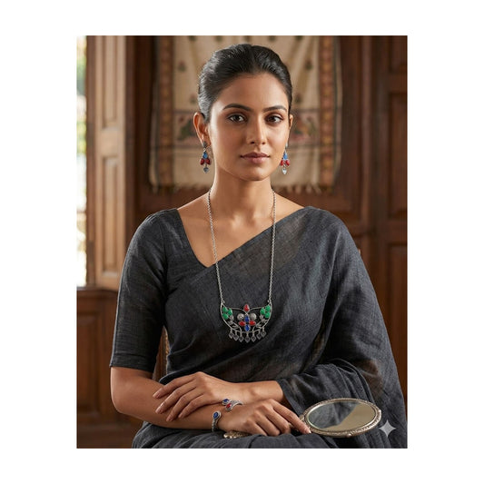 German Silver Oxidized Long Necklace Earrings Set with Amrapali Carved Stones #GS2 - Zenia Creations