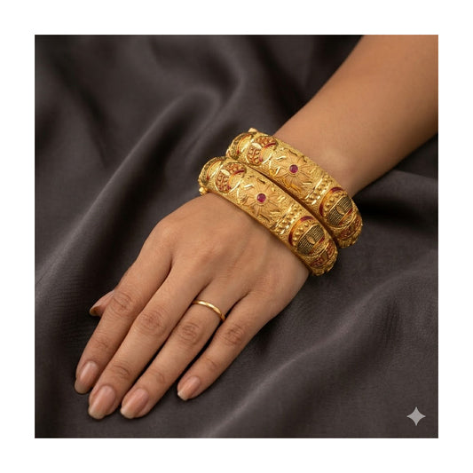 24k 1 Gram Gold Plated Hand Crafted 2pc Openable Kada Bracelet Set GK17 - Zenia Creations