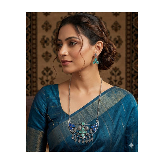 German Silver Oxidized Long Necklace Earrings Set with Amrapali Carved Stones #GS3 - Zenia Creations