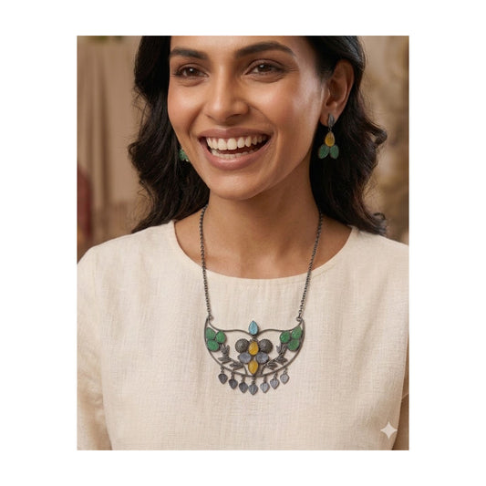 German Silver Oxidized Long Necklace and Earrings Set with Amrapali Stones #GS1 - Zenia Creations