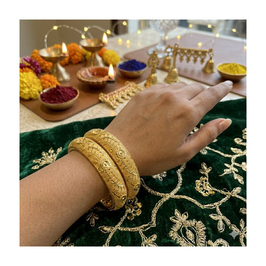 24k 1 Gram Gold Plated Hand Crafted 2pc Openable Kada Bracelet Set GK16 - Zenia Creations