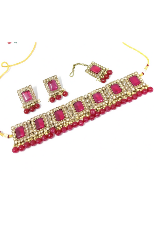 Polki Flexible Choker With Reverse AD & Monalisa Stones Earrings And Mang Tikka #PC3