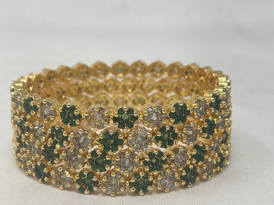 WAD19 - Gold-Plated Emerald & American Diamond Floral Broad Bangle - Zenia Creations