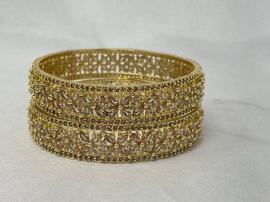 WAD21 - Elegant Gold-Plated Champagne Floral Kadas – Shimmering American Diamond Bangle Set - Zenia Creations