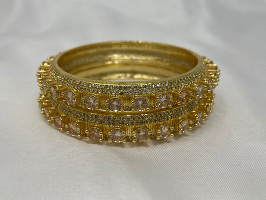 WAD22 - Elegant Gold-Plated Champagne Stone Crown Kadas Bangle Set - Zenia Creations