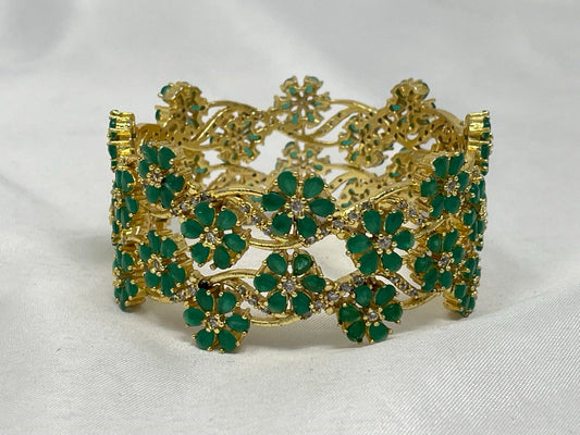 WAD27 - Emerald Green Floral Vine Kadas – Gold-Plated Designer Bangle Set - Zenia Creations