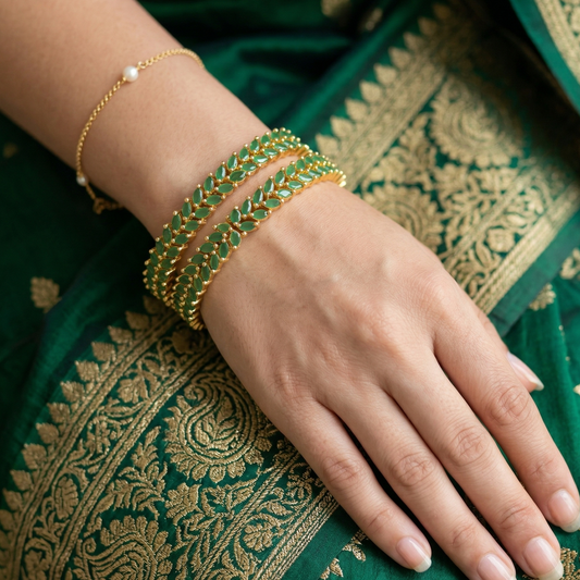 WAD12 - Emerald Green Marquise Bangle Set – Gold Plated Leaf Pattern Kadas