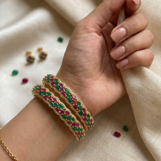 WAD2 - Elegant Ruby & Emerald Marquise Triple Row Bangles – Gold-Plated Dual-Tone Kada Set - Zenia Creations