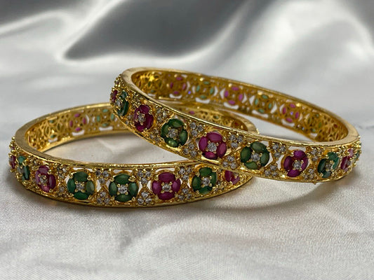 WAD6 - Ruby & Emerald Floral Bangles – Gold-Plated AD Bangle Set - Zenia Creations