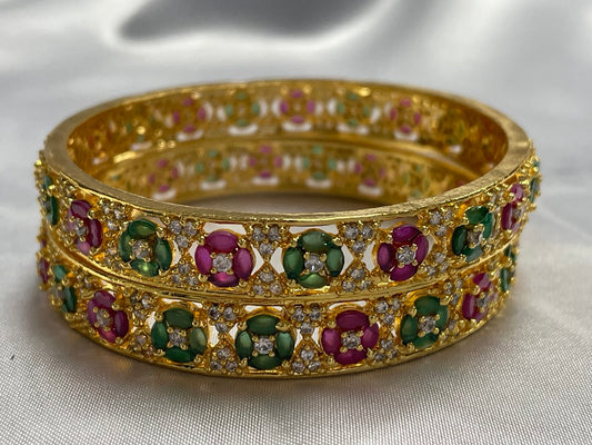 WAD6 - Ruby & Emerald Floral Bangles – Gold-Plated AD Bangle Set - Zenia Creations
