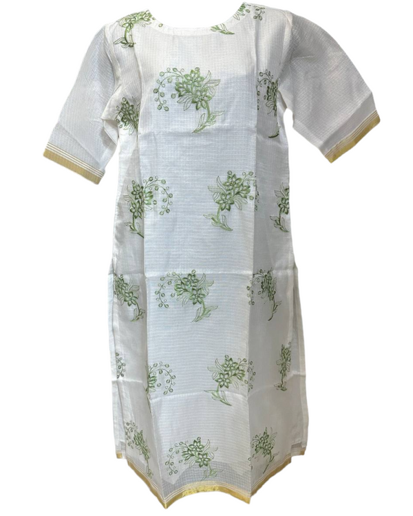 Cotton & Silk Blend Material White Kurti With Green Embroidery