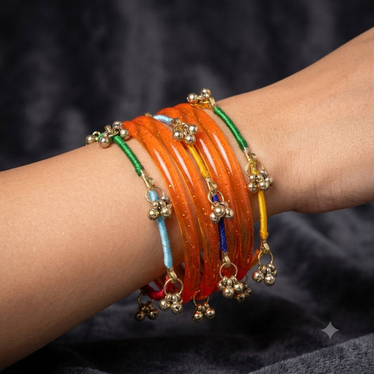 KK- Orange Glass Bangle Set with Kashmiri Ghungroo Bangles Thread-Wrapped Jingle Charms