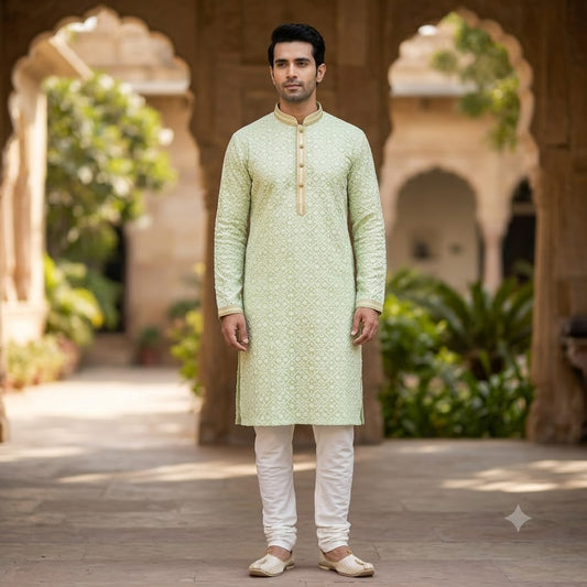 A10 - Men’s Pista Green Chikankari Cotton Kurta Lucknowi Embroidered Mandarin Collar - Zenia Creations