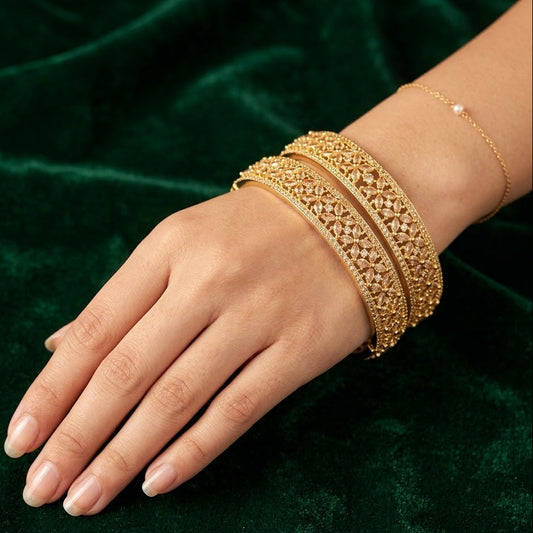 WAD21 - Elegant Gold-Plated Champagne Floral Kadas – Shimmering American Diamond Bangle Set - Zenia Creations