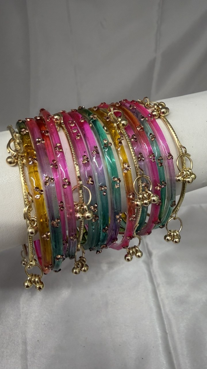 ANML - L-MLT Multicolor Glass Bangle Set with Gold Ghungroo Latkan Kadas
