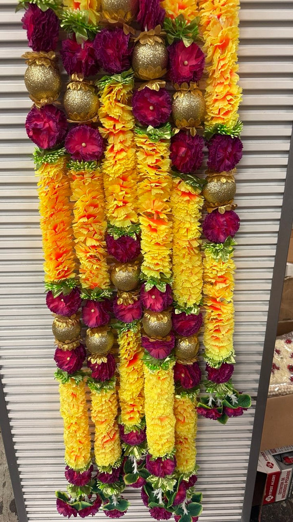 A18 - Yellow, Orange & Purple Artificial Flower Garlands with Gold Ornaments – Handmade Festive Decor for Weddings, Pooja and Celebrations