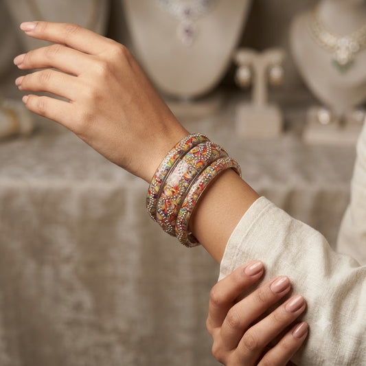 GM4 - Multicolor Printed Acrylic Kada Bangle Set with Rhinestone Crystal Studs