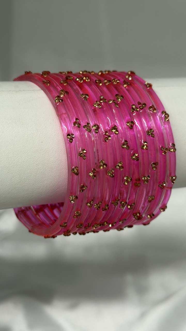 ANML - Pink Glass Bangle Set with Gold Ghungroo Latkan Kadas