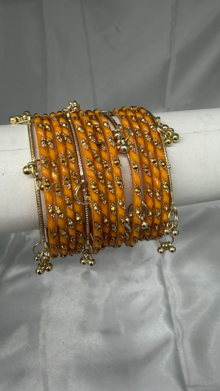 ANML - Mustard Haldi Glass Bangle Set with Gold Stone Work Haldi Ceremony Churi