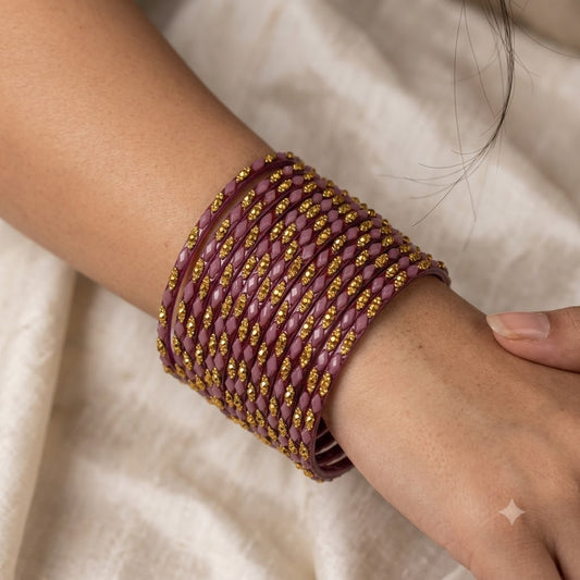 V-Pyazi Glass Bangle Set with Golden Bow Motif Studs (Pack of 12)