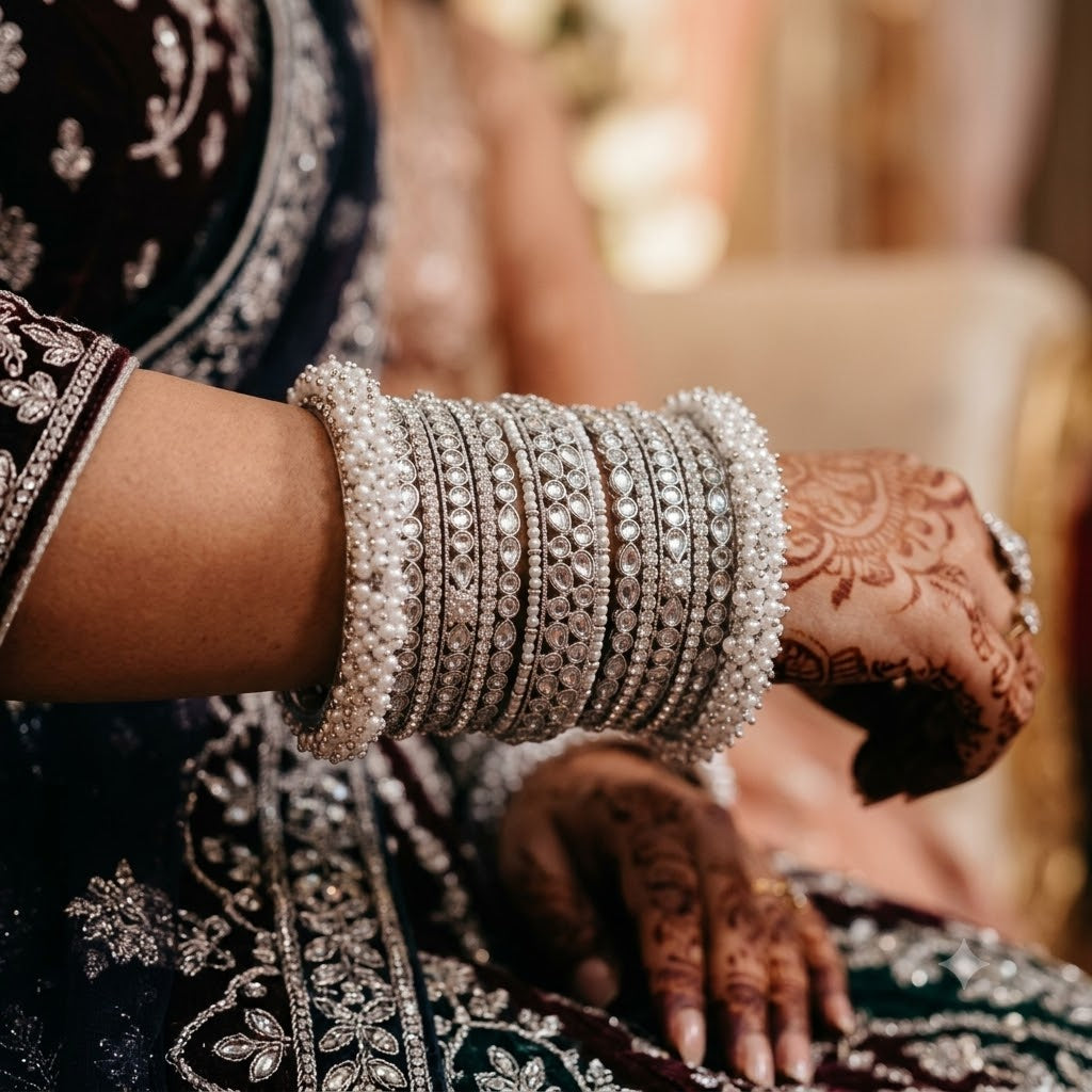 W4-AP Silver Oxidized Bangle Set with Clear CZ Stones and Pearls Bridal Chura