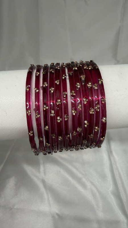 ANML - Wine Red Glass Bangle Set with Gold Ghungroo Latkan Kadas