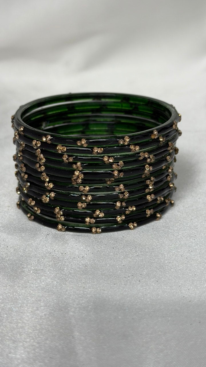 ANML - Dark Green Glass Bangle Set with Gold Ghungroo Latkan Kadas
