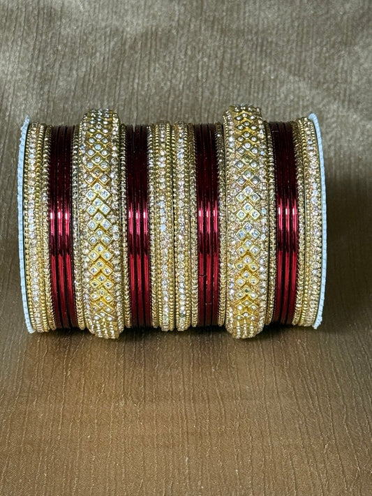 8056G - Gold-Tone Studded Bridal Maroon Bangle Set