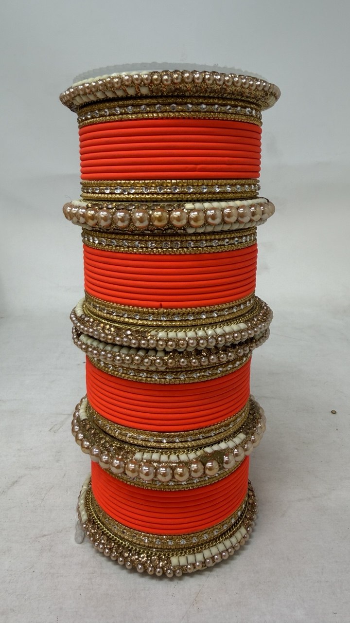 1186- Orange Velvet Bangle Set for Both Hands – Antique Gold Bridal