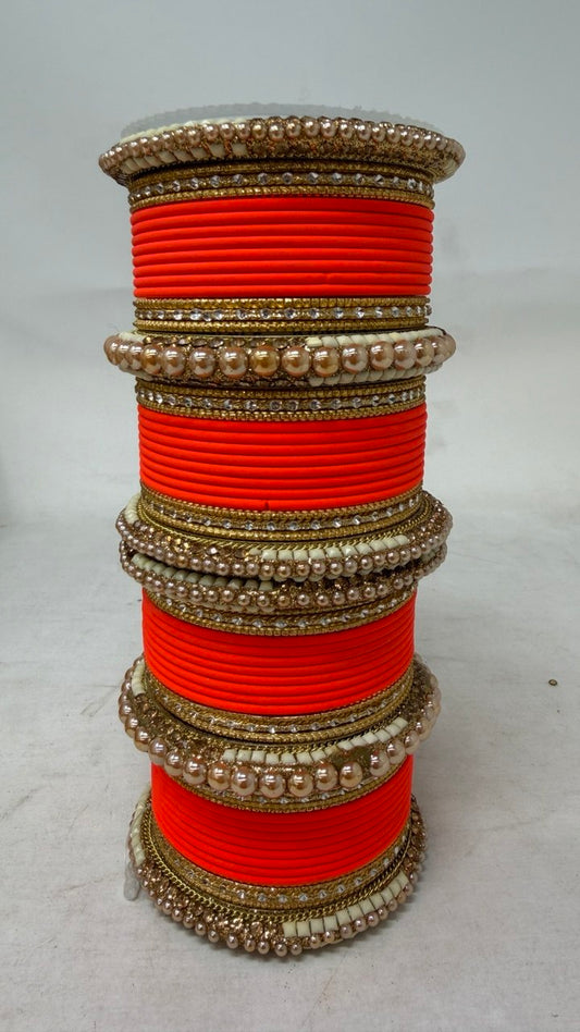 1186- Orange Velvet Bangle Set for Both Hands – Antique Gold Bridal