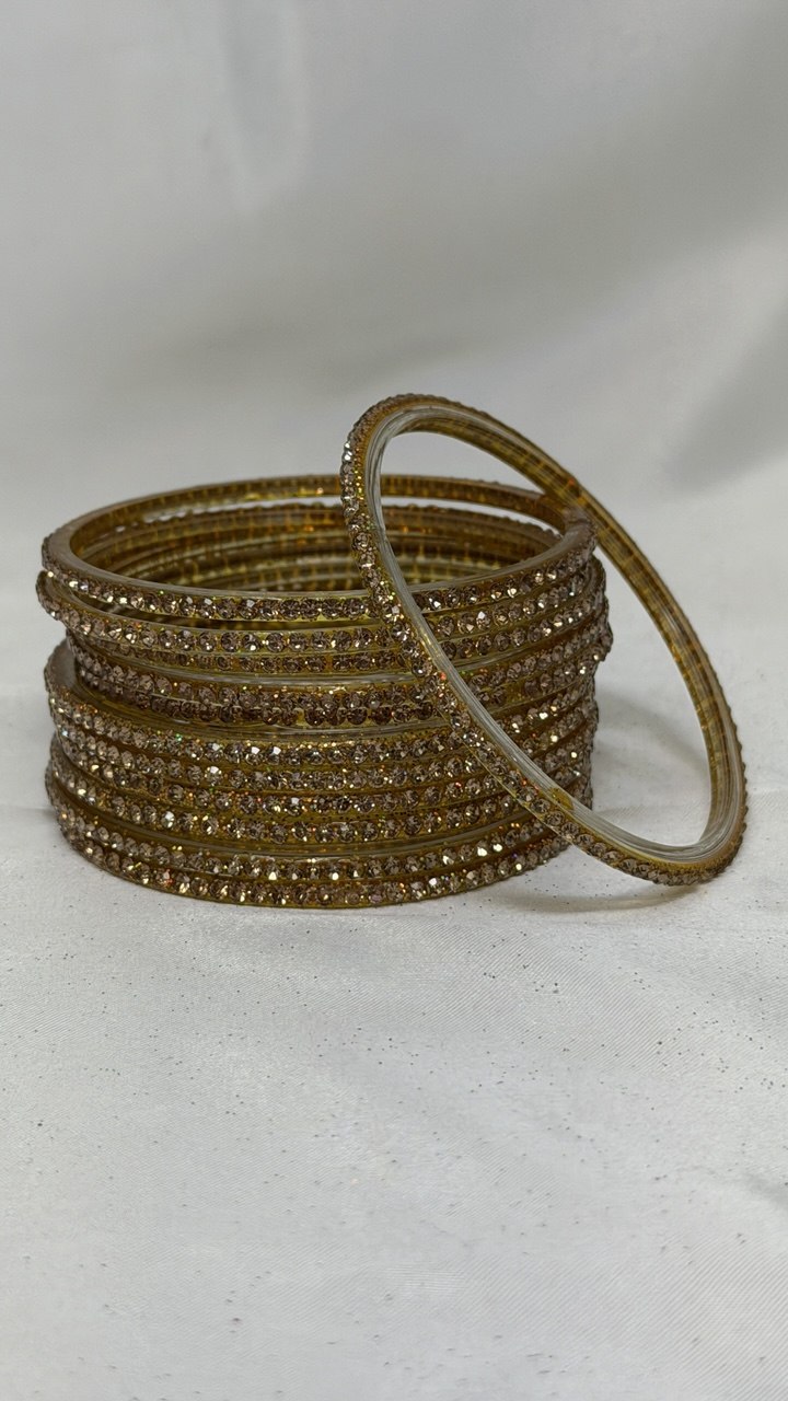 GlitB - Gold Glitter Glass Bangle Set with Champagne Gold Stone Work