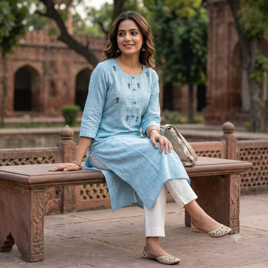 Kur-V5 Women’s Sky Blue Slub Cotton Straight Kurti – Embroidered Yoke