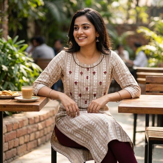 Kur-V7 Women’s Beige Khadi Cotton Straight Kurta – Embroidered Flora