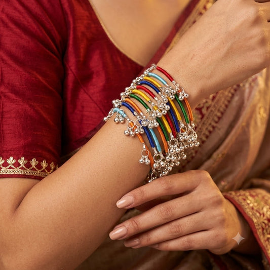 SMK - Multicolor Silk Thread Kashmiri Bangle Set with Silver Ghungroo Bells (Set of 8)