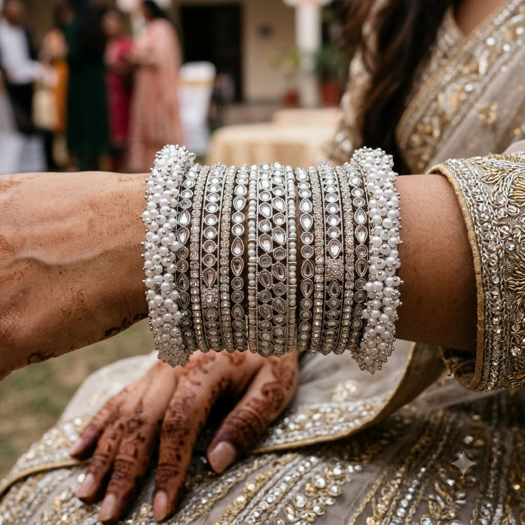 W4-AP Silver Oxidized Bangle Set with Clear CZ Stones and Pearls Bridal Chura