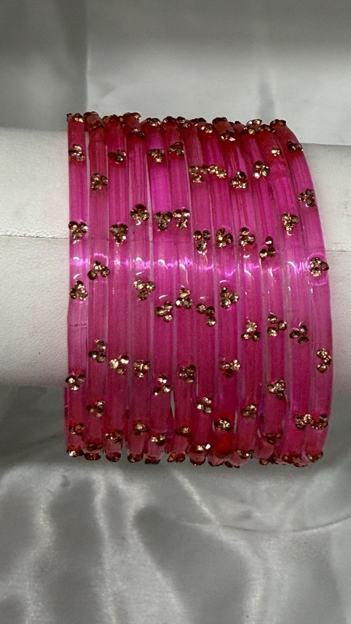 ANML - Pink Glass Bangle Set with Gold Ghungroo Latkan Kadas